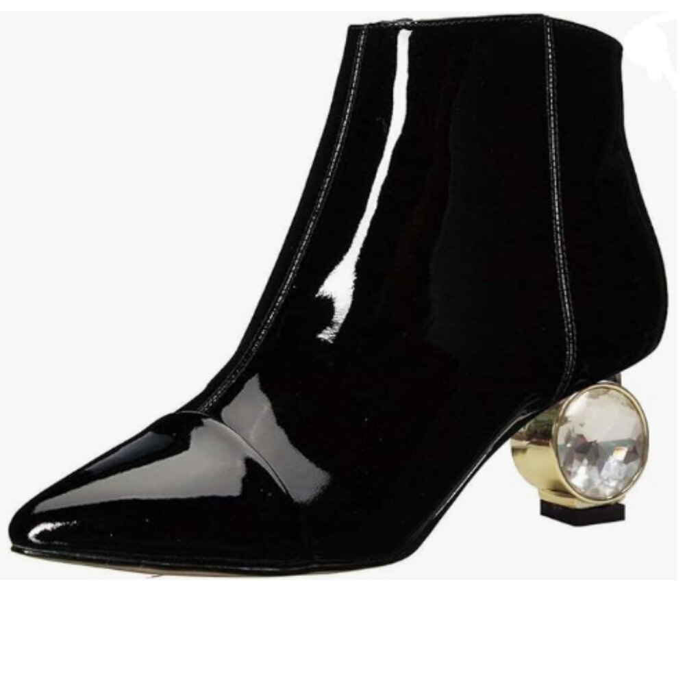 XYD Black Crystal Low Heel Ankle Boots Pointed Toe Shoes Side Zipper Prom Bootie